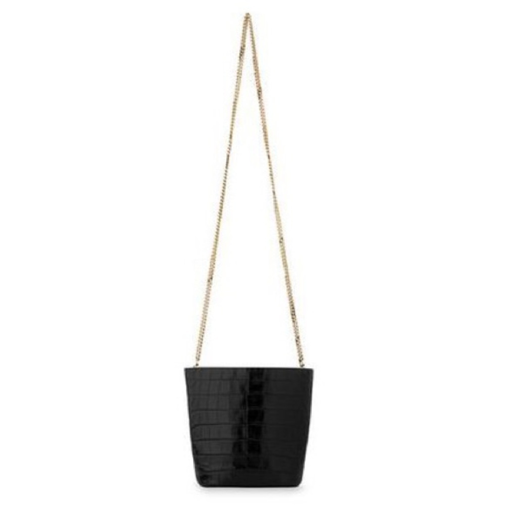 WHISTLES Sylvan Mini Croc Embossed Leather Bucket Bag Black Gold Chain Strap